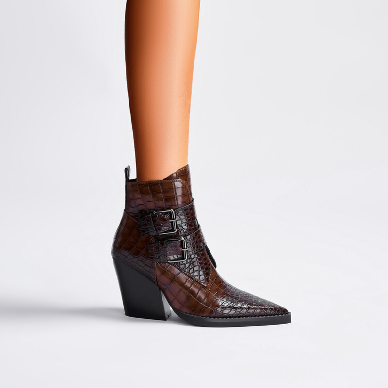 Boots For Women | Pointed Toe Ankle Block Heel With Buckle