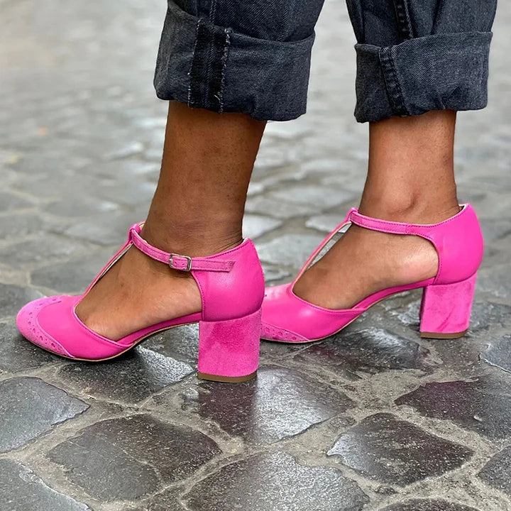Block Heels for Women |  T-Strap Closed Toe